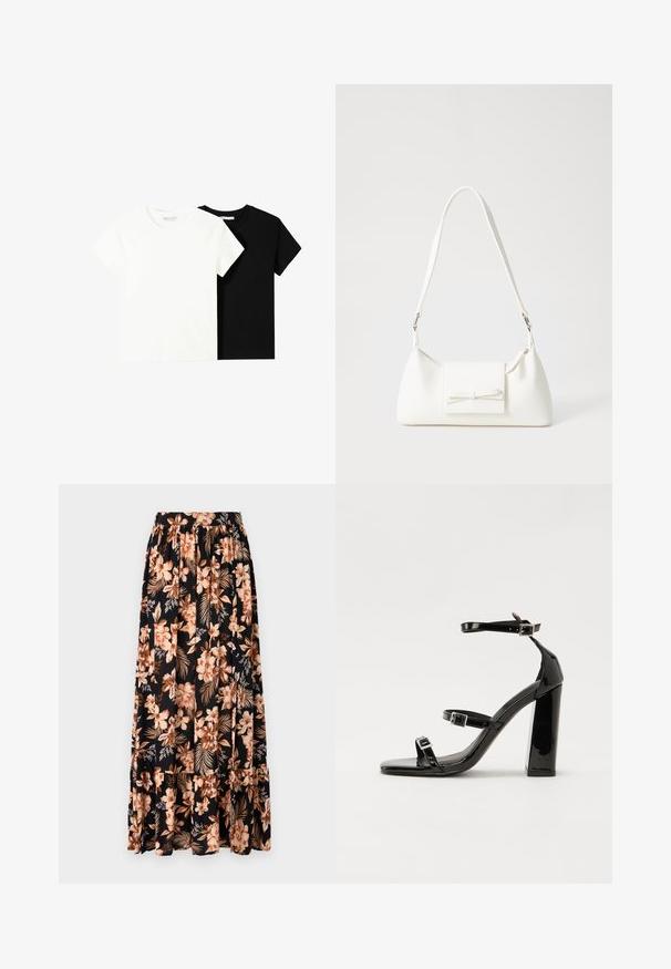 Twee t-shirts met korte mouwen, één wit en één zwart, gemaakt van katoen. Beide hebben een ronde halslijn en een eenvoudig, klassiek ontwerp.; Zwarte maxi rok met perziken en crèmekleurige bloemen en groene bladeren. Voorzien van een geplooide tailleband en een gerimpelde zoom voor extra textuur.; Zwarte gepatenteerde sandalen met hak en een vierkante neus, enkelbandjes en zilveren gespen. Heeft een stevige blokhak voor stabiliteit.; Witte synthetische handtas met een driehoekige vorm, platte voorklep en strikdetail, verstelbare schouderriem, gladde textuur en minimalistisch ontwerp.