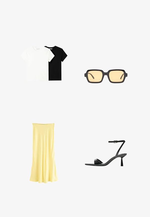 Deux t-shirts à manches courtes, l'un blanc et l'autre noir, en coton. Les deux présentent un col rond et un design simple et classique.; Robe jaune sans manches, longueur genoux, fabriquée en tissu lisse et léger, avec une silhouette fluide et un décolleté droit.; Bershka Sandales à talons hauts - black; Lunettes de soleil rectangulaires noires avec des verres jaunes, monture légère et bords distincts sur les branches. Fini lisse et brillant.; Sac à main en cuir verni noir avec une forme incurvée, une bandoulière, des poches avant et des accents en métal argenté.