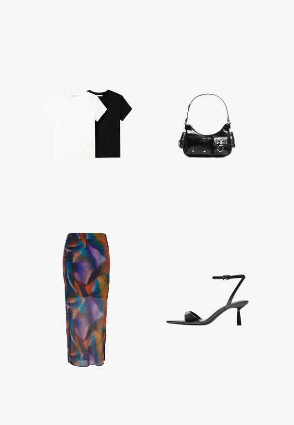 Two short-sleeve t-shirts, one white and one black, made of cotton. Both feature a round neckline and a simple, classic design.; Multicolored pencil skirt featuring a flowing, sheer fabric with abstract patterns in blue, orange, and purple. Elastic waistband with side slits.; Bershka High heeled sandals - black; Black patent leather handbag with a curved shape, one shoulder strap, front pockets, and silver-tone hardware accents.