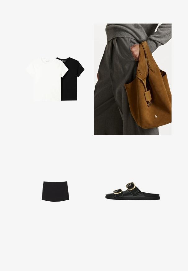 Dvě trička s krátkým rukávem, jedno bílé a jedno černé, vyrobené z bavlny. Obě mají kulatý výstřih a jednoduchý, klasický design.; Černá mini sukně vyrobená z hladkého, elastického materiálu; má rovný střih s decentním lemem a bez viditelných zapínání nebo vzorů.; Černé kluzné sandály s dvěma zlatými sponami, hladkým texturovaným materiálem, plochou podrážkou a minimalistickým designem.; Hnědá semišová taška přes rameno zaobleného tvaru, se dvěma uchy a kovovým hardwarem. Na přední straně je malá logo.