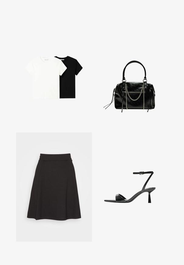 Două tricouri cu mânecă scurtă, unul alb și unul negru, fabricate din bumbac. Ambele au un guler rotund și un design simplu, clasic.; Fustă neagră, cu poale evazate, realizată dintr-un material moale cu o textură netedă. Dispune de un talie lată și ajunge până la mijlocul coapsei.; Bershka Sandale cu toc - black; Bershka WITH CHAIN - Geantă de mână - black