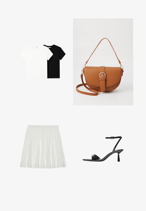 Két rövid ujjú póló, az egyik fehér, a másik fekete, pamutból készült. Mindkettő kerek nyakkivágással és egyszerű, klasszikus dizájnnal rendelkezik.; Fehér, réteges szoknya texturált felülettel. Rugalmas derékkal és réteges fodrokkal készült, amely foltos sziluettet teremt.; Bershka Magas sarkú szandálok - black; Barna bőr keresztbody táska ívelt formával, aranyszínű fémrészekkel és csat díszítéssel. Levehető vállpánttal rendelkezik.