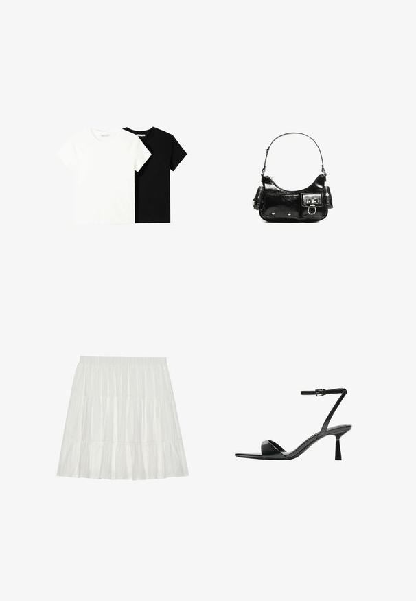 Dve tričko s krátkym rukávom, jedno biele a jedno čierne, vyrobené z bavlny. Obe majú okrúhly výstrih a jednoduchý, klasický dizajn.; Biela, tierovaná sukňa s textúrovaným povrchom. Obsahuje elastický pás a vrstvené volány, čím vytvára splývavý siluetu.; Bershka Sandále na vysokom opätku - black; Čierna laková kožená kabelka s ohnutým tvarom, jedným ramenným popruhom, prednými vreckami a striebornými kovovými doplnkami.