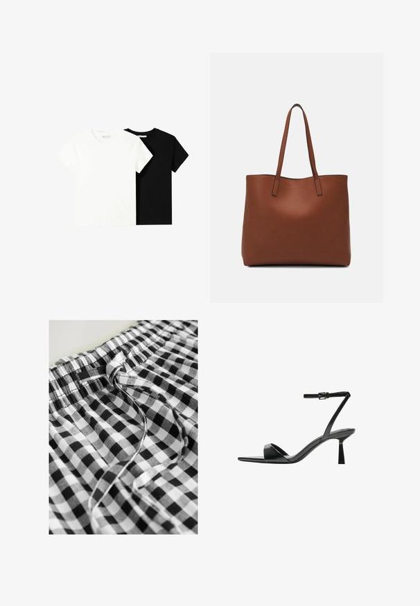 Kaksi lyhythihaista t-paitaa, yksi valkoinen ja yksi musta, valmistettu puuvillasta. Molemmissa on pyöreä kaula-aukko ja yksinkertainen, klassinen muotoilu.; Next DROP WAIST - Maksihame - black white gingham; Bershka Korolliset sandaalit - black; Ruskea nahkainen olkalaukku, jossa on sileä pinta, avoin yläosa ja kaksi olkahihnaa. Omaavat vain minimaalisen ompelun eikä näkyvää metalliosaa.