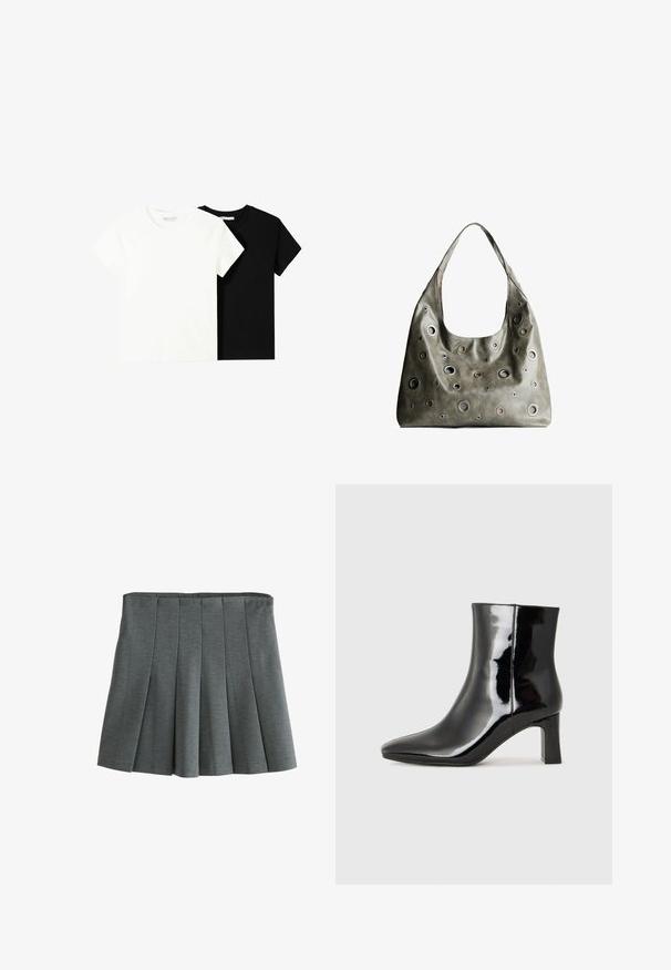 Két rövid ujjú póló, az egyik fehér, a másik fekete, pamutból készült. Mindkettő kerek nyakkivágással és egyszerű, klasszikus dizájnnal rendelkezik.; Szürke, redős szoknya puha, texturált anyagból. Illeszkedő derékrészével és réteges redőivel a mozgás érdekében.; Fekete lakk bőrcipő bokáig érő, hegyes orral és közepes magasságú tömbsarokkal. Simább textúrával és minimalista dizájnnal rendelkezik.; Olívazöld bőrtáska laza fazonnal, különböző méretű kör alakú kivágásokkal és sötétebb és világosabb árnyalatú díszítésekkel.