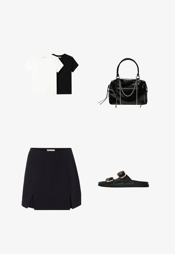 Twee t-shirts met korte mouwen, één wit en één zwart, gemaakt van katoen. Beide hebben een ronde halslijn en een eenvoudig, klassiek ontwerp.; Zwarte a-lijn rok met een gladde textuur, voorzien van zijsplitten en een strakke, minimalistische uitstraling. Etiket zichtbaar bij de tailleband.; Zwarte slipper met twee gouden gesps, gladde textuur, platte zool en een minimalistisch ontwerp.; Bershka WITH CHAIN - Handtas - black