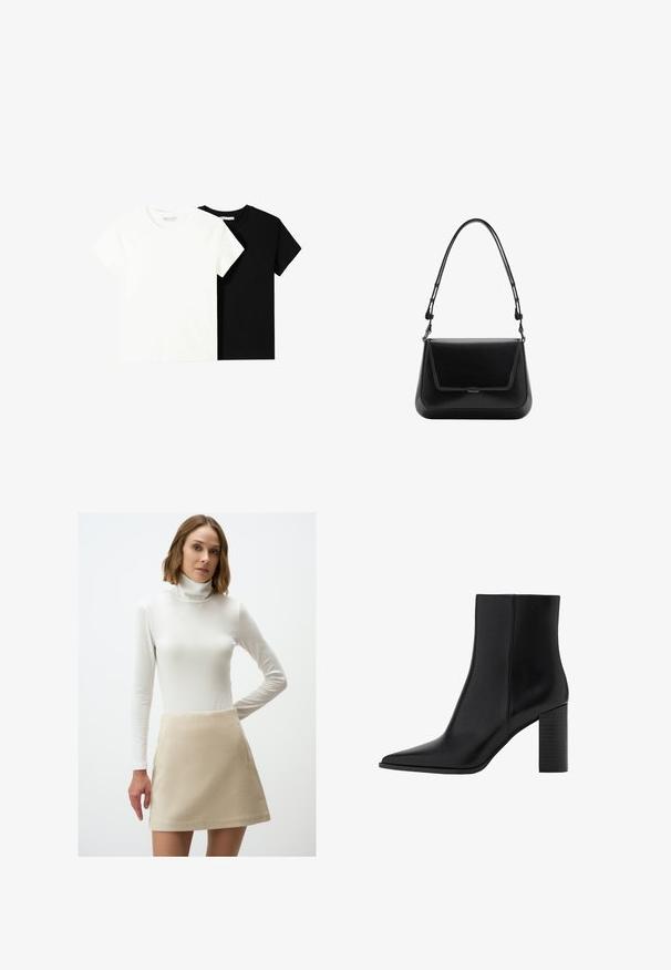 Deux t-shirts à manches courtes, l'un blanc et l'autre noir, en coton. Les deux présentent un col rond et un design simple et classique.; Jupe évasée beige en tissu doux avec une texture lisse et une poche latérale, associée à un haut ajusté à col roulé blanc à manches longues.; Botte chelsea en cuir noir avec un bout pointu, un talon carré, une texture lisse et des détails de couture le long des coutures. Les talons mesurent environ 8,9 cm.; Mango Sac à main - black