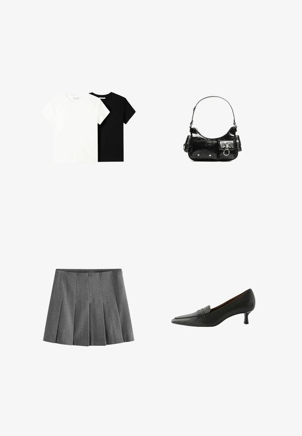 Kaksi lyhythihaista t-paitaa, yksi valkoinen ja yksi musta, valmistettu puuvillasta. Molemmissa on pyöreä kaula-aukko ja yksinkertainen, klassinen muotoilu.; Hame gray pleitattu, joka on valmistettu pehmeästä kankaasta. Siinä on tasaisesti sijoitettuja kynäpleittejä ja vyötärönauha tiukan ilmeen saavuttamiseksi.; Musta nahkakengät, joissa on terävä kärki ja koristeellinen nauha. Ominaisuudet: matala stiletto-korko ja sileä pinta.; Mustekko mustasta kiiltonahasta valmistettu käsilaukku, jossa on kaareva muoto, yksi olkahihna, etutaskut ja hopeanväriset yksityiskohdat.