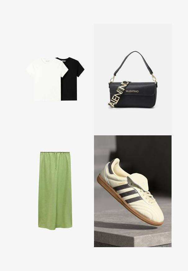 Dve tričko s krátkym rukávom, jedno biele a jedno čierne, vyrobené z bavlny. Obe majú okrúhly výstrih a jednoduchý, klasický dizajn.; Mango Maxisukňa - light green; Krémové kožené tenisky s tromi tmavými pruhmi, hnedou gumenou podrážkou a zaoblenou špičkou. Obsahujú prehýbací jazyk s označením "SAMBA."; Čierna kožená kabelka so štruktúrovaným tvarom, s pozláteným popruhom s logom "VALENTINO" a odnímateľným ramenným popruhom. Textúrovaný povrch.