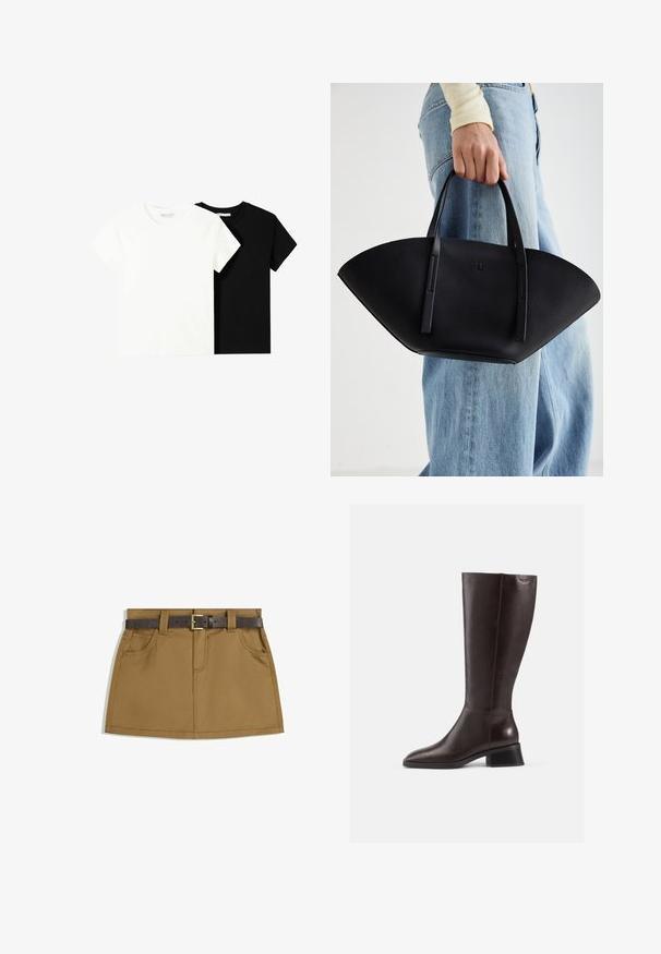 Dve tričko s krátkym rukávom, jedno biele a jedno čierne, vyrobené z bavlny. Obe majú okrúhly výstrih a jednoduchý, klasický dizajn.; Hnedá džínsová sukňa s tmavohnedým pásom a kovovou prackou, dvoma prednými vreckami a rovný, jemne rozšírený strih.; Hnedé kožené čižmy po kolená s hladkým povrchom, okrúhlou špičkou a čiernym vyvýšeným podpätkom. Jednoduchý dizajn s minimálnymi hardvérovými detailmi.; Čierna kožená kabelka s jedinečným tvarom ventilátora, so plochými držadlami. Povrch má štruktúru s brúseným efektom a minimalistic design.