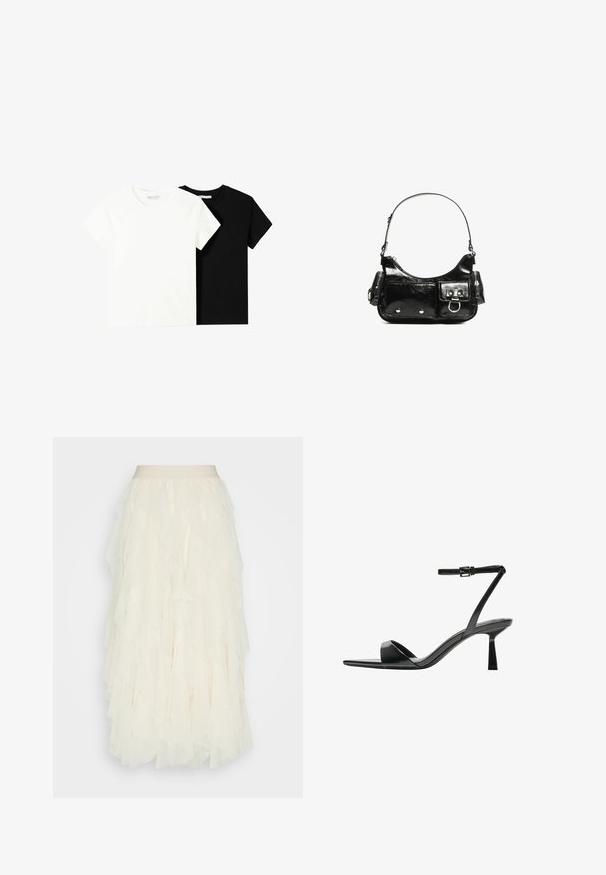 Két rövid ujjú póló, az egyik fehér, a másik fekete, pamutból készült. Mindkettő kerek nyakkivágással és egyszerű, klasszikus dizájnnal rendelkezik.; Tej tüll szoknya réteges fodrokkal. Simaságú derékrésszel és textúrált, áttetsző felszínt biztosít. A szoknya a vádli közepéig ér.; Bershka Magas sarkú szandálok - black; Fekete lakkbőr kézitáska ívelt formával, egy vállpánttal, elülső zsebekkel és ezüstszínű fémrészletekkel.