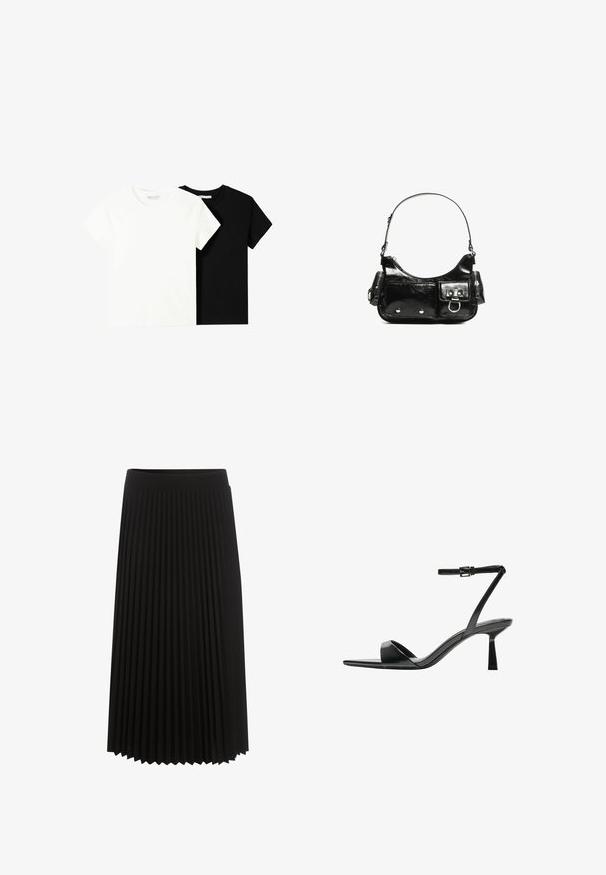 To korte ærmel t-shirts, en hvid og en sort, lavet af bomuld. Begge har en rund halsudskæring og et enkelt, klassisk design.; Sort plisseret nederdel med en bred elastisk talje, længde til knæene, der fremhæver lodrette plisseringer for tekstur og bevægelse.; Bershka Højhælede sandaletter / Højhælede sandaler - black; Sort patenteret læder håndtaske med en buet form, en skulderrem, frontlommer og hardware accenter i sølvfarve.