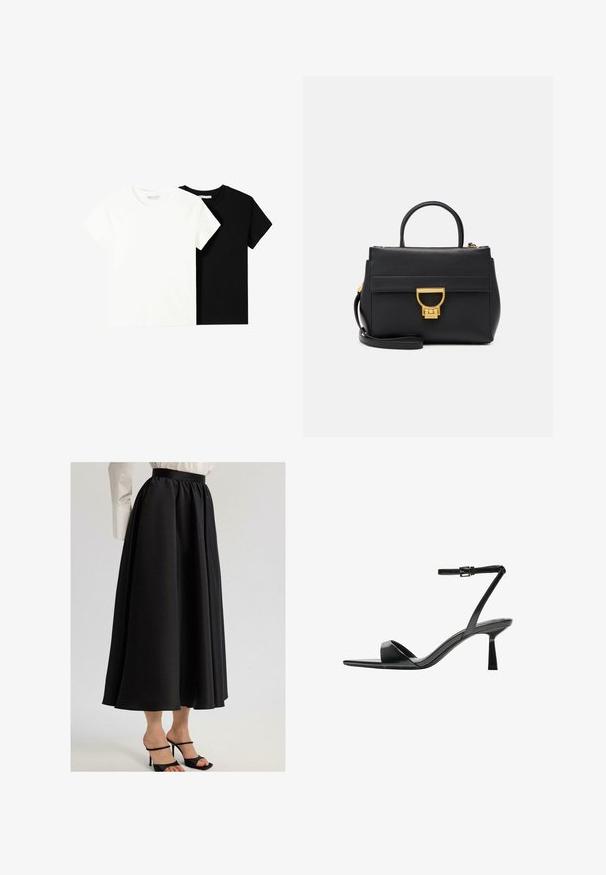 Două tricouri cu mânecă scurtă, unul alb și unul negru, fabricate din bumbac. Ambele au un guler rotund și un design simplu, clasic.; Fustă maxi neagră, dintr-un material neted, cu o talie gathered și un design fluid, asortată cu pantofi cu toc subțire negri.; Bershka Sandale cu toc - black; Geantă de mână din piele neagră cu accente aurii, design structurat, mânere superioare, curea de umăr detașabilă și clapetă frontală cu închidere tip carabină.
