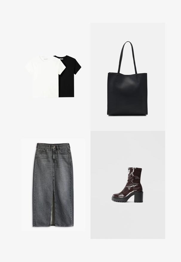 Két rövid ujjú póló, az egyik fehér, a másik fekete, pamutból készült. Mindkettő kerek nyakkivágással és egyszerű, klasszikus dizájnnal rendelkezik.; Sötét szürke farmer szoknya elülső hasítékkal, öt zsebbels és gombos záródással. Masszív anyagból készült, sima textúrával.; Fényes bordó bokacsizma vastag fekete sarokkal, sima felülettel és egyszerű dizájnnal. Nincsenek látható zárak vagy minták.; Fekete bőrtáska sima felszínnel, téglalap alakú, két hosszú füllel. Nincs látható fémkiegészítő vagy díszítés.