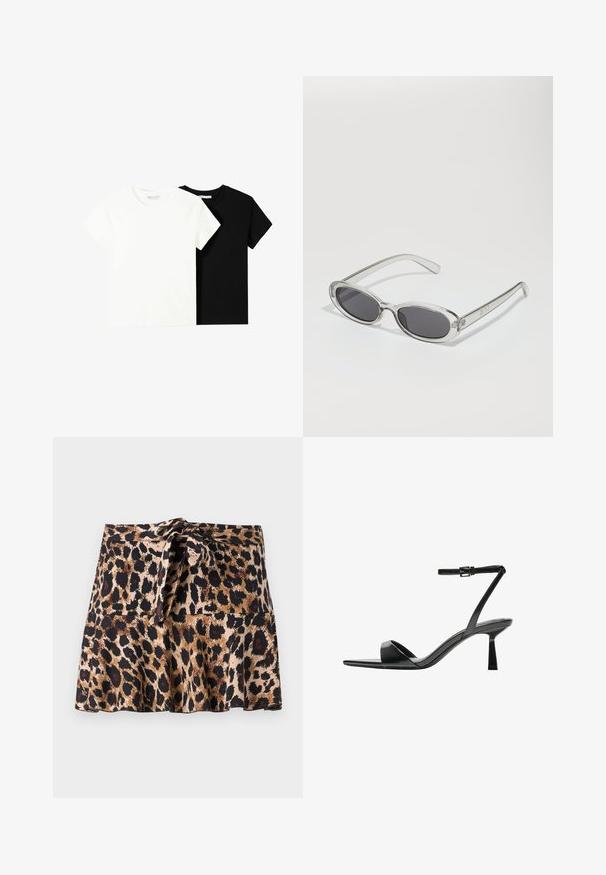 Zwei kurzärmelige T-Shirts, eines weiß und eines schwarz, aus Baumwolle. Beide haben einen runden Halsausschnitt und ein einfaches, klassisches Design.; Minirock im Leopardenmuster aus weichem Material, mit ausgestelltem Schnitt, gebundenem Taillenbund und kontrastierenden schwarzen und braunen Flecken auf einem beigen Hintergrund.; Bershka High Heel Sandalette - black; Sonnenbrille mit ovaler Form, klarem Kunststoffrahmen, dunkelgrauen Gläsern und dünnen transparenten Bügeln mit Logo-Akzenten und minimalen Details.; Braune Leder-Umhängetasche mit abgerundeten Kanten, magnetischem Klappenverschluss und goldenen Beschlägen. Verstellbarer Riemen für Vielseitigkeit.