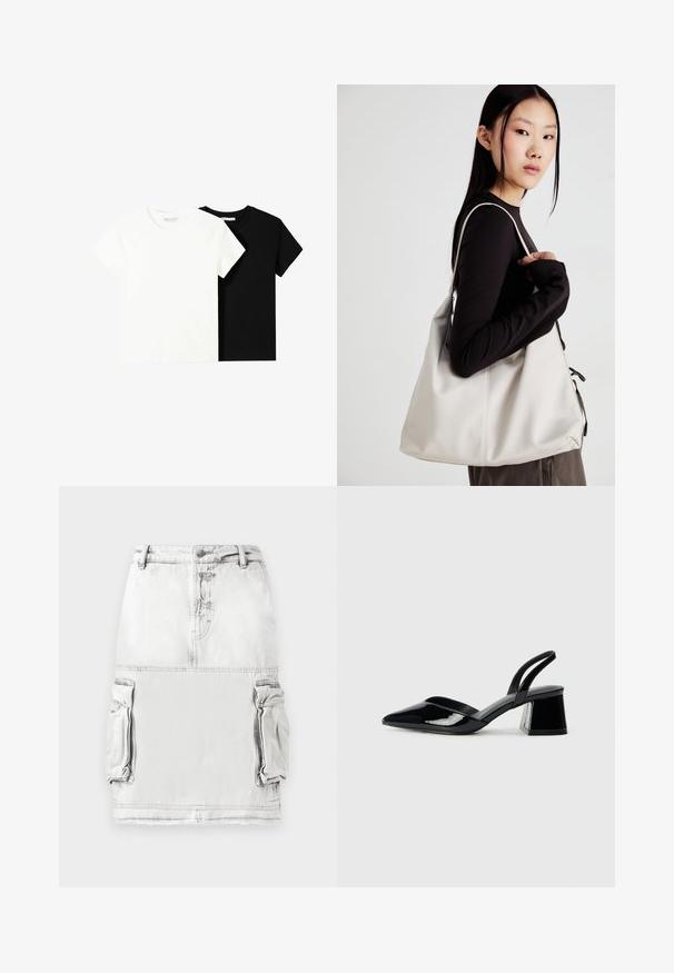 Twee t-shirts met korte mouwen, één wit en één zwart, gemaakt van katoen. Beide hebben een ronde halslijn en een eenvoudig, klassiek ontwerp.; Denim rok in lichtgrijs met een hoge taille, voorknopjes en twee zijcargo zakken. Licht versleten stofstructuur.; Zwarte gepatineerde leren slingback hakken met een spitse neus en een geometrische blokhak. Kenmerkt zich door een slank, minimalistisch ontwerp en een gladde textuur.; Beige handtas gemaakt van zacht materiaal, met een slonzig ontwerp, gestikte details en twee schouderbanden. Geschikt voor dagelijks gebruik.