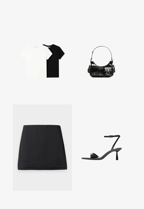Dve tričko s krátkym rukávom, jedno biele a jedno čierne, vyrobené z bavlny. Obe majú okrúhly výstrih a jednoduchý, klasický dizajn.; Čierna mini sukňa vyrobená z hladkej, elastickej látky. Má elastický pás a jednoduchý, elegantný dizajn. Bez vzorov alebo ozdôb.; Bershka Sandále na vysokom opätku - black; Čierna laková kožená kabelka s ohnutým tvarom, jedným ramenným popruhom, prednými vreckami a striebornými kovovými doplnkami.