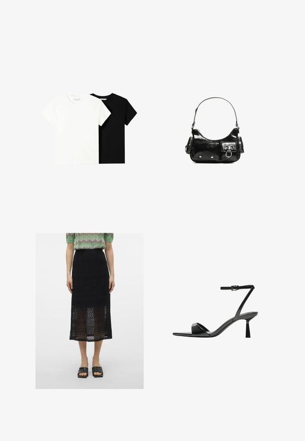 Két rövid ujjú póló, az egyik fehér, a másik fekete, pamutból készült. Mindkettő kerek nyakkivágással és egyszerű, klasszikus dizájnnal rendelkezik.; Fekete csipkés midi szoknya bonyolult nyitott mintákkal. Zöld mintás toppal és fekete papucsos szandállal párosítva.; Bershka Magas sarkú szandálok - black; Fekete lakkbőr kézitáska ívelt formával, egy vállpánttal, elülső zsebekkel és ezüstszínű fémrészletekkel.