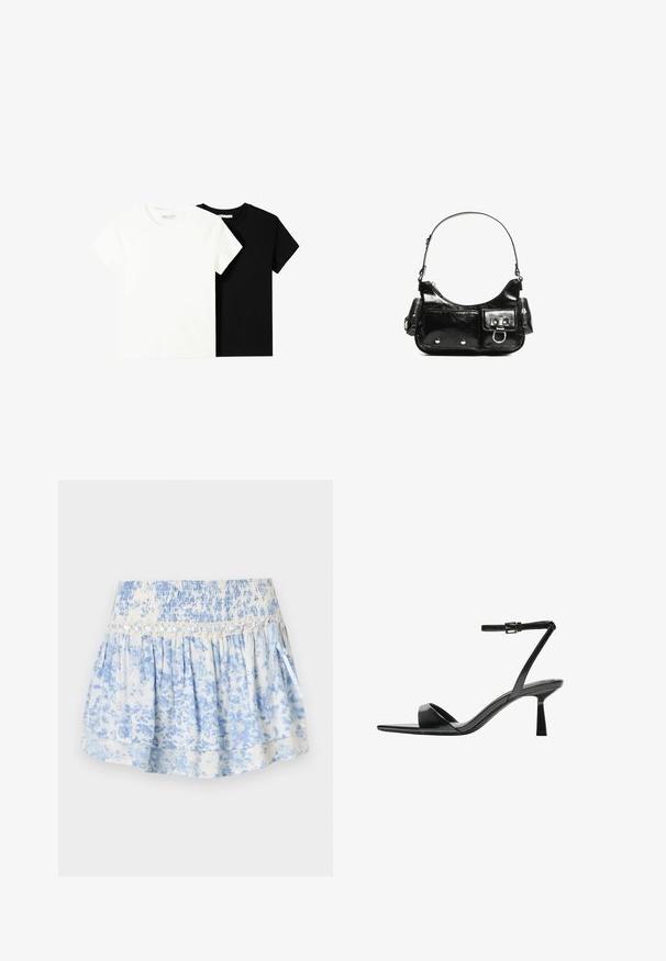Két rövid ujjú póló, az egyik fehér, a másik fekete, pamutból készült. Mindkettő kerek nyakkivágással és egyszerű, klasszikus dizájnnal rendelkezik.; Kék virágmintás szoknya, könnyű anyagból készült. Smockolt derékrésszel, réteges kialakítással és díszítő szalaggal rendelkezik.; Bershka Magas sarkú szandálok - black; Fekete lakkbőr kézitáska ívelt formával, egy vállpánttal, elülső zsebekkel és ezüstszínű fémrészletekkel.