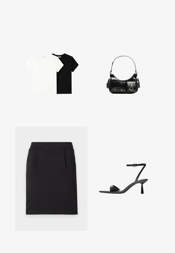 Két rövid ujjú póló, az egyik fehér, a másik fekete, pamutból készült. Mindkettő kerek nyakkivágással és egyszerű, klasszikus dizájnnal rendelkezik.; Fekete, térd hosszúságú szoknya sima anyagból, illeszkedő derékrésszel és két diszkrét pliszével elöl, ami extra részletességet ad.; Bershka Magas sarkú szandálok - black; Fekete lakkbőr kézitáska ívelt formával, egy vállpánttal, elülső zsebekkel és ezüstszínű fémrészletekkel.