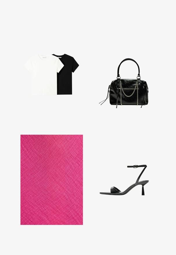 To korte ærmel t-shirts, en hvid og en sort, lavet af bomuld. Begge har en rund halsudskæring og et enkelt, klassisk design.; Lys pink stof med en tekstureret overflade, der har et diagonalt mønster og fine linjer, der skaber et vævet udseende.; Bershka Højhælede sandaletter / Højhælede sandaler - black; Bershka WITH CHAIN - Håndtasker - black