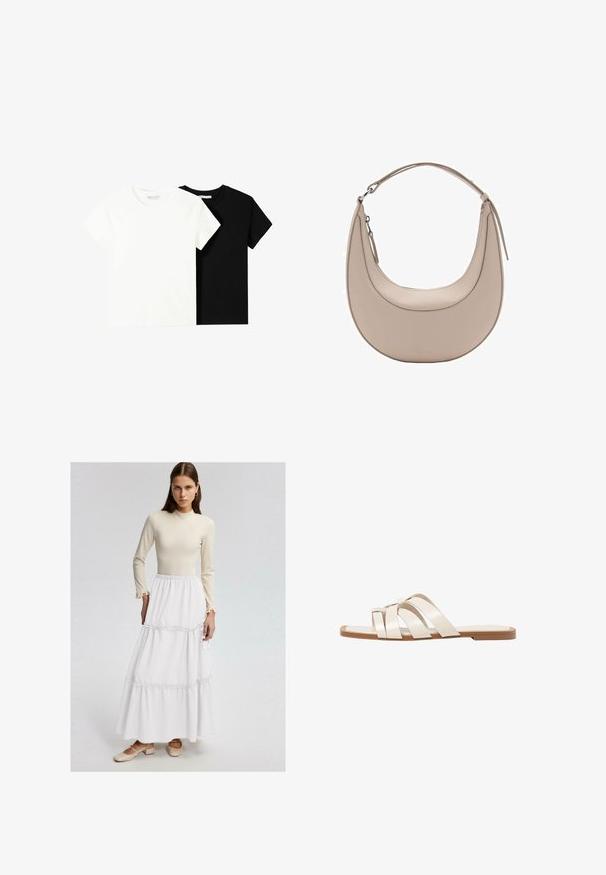 To korte ærmel t-shirts, en hvid og en sort, lavet af bomuld. Begge har en rund halsudskæring og et enkelt, klassisk design.; Beige langærmet top med flæser ved håndleddene, stylet med en lagdelt hvid maxi-nederdel med samlede syninger. Modellen har beige blokhæle på.; Flade sandaler med en lys gummisål, designet med tre overlappende hvide læderremme og en lille sløjfe detalje i midten.; Beige læder skuldertaske med en halvmåneform, glat overflade og et enkelt buet håndtag. Har en lynlåslukning og pæne syninger.