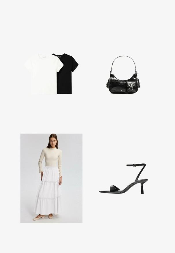Két rövid ujjú póló, az egyik fehér, a másik fekete, pamutból készült. Mindkettő kerek nyakkivágással és egyszerű, klasszikus dizájnnal rendelkezik.; Beige hosszú ujjú felső fodros mandzsettával, amelyet egy rétegelt fehér maxiszoknyával párosítanak, gyűrt varrásokkal. A modellen bézs tömbtalpú cipők vannak.; Bershka Magas sarkú szandálok - black; Fekete lakkbőr kézitáska ívelt formával, egy vállpánttal, elülső zsebekkel és ezüstszínű fémrészletekkel.