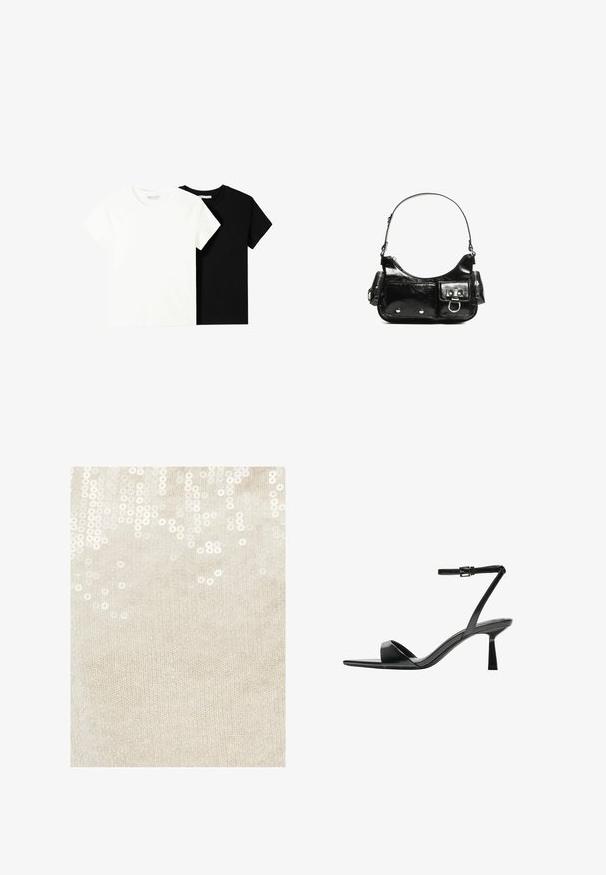 Kaksi lyhythihaista t-paitaa, yksi valkoinen ja yksi musta, valmistettu puuvillasta. Molemmissa on pyöreä kaula-aukko ja yksinkertainen, klassinen muotoilu.; Beige neulottu kangas, jossa on hajallaan valkoisia paljetteja, luoden tekstuurista kuviointia. Paljetit heijastavat valoa, lisäten hillittyä kiiltoa.; Bershka Korolliset sandaalit - black; Mustekko mustasta kiiltonahasta valmistettu käsilaukku, jossa on kaareva muoto, yksi olkahihna, etutaskut ja hopeanväriset yksityiskohdat.