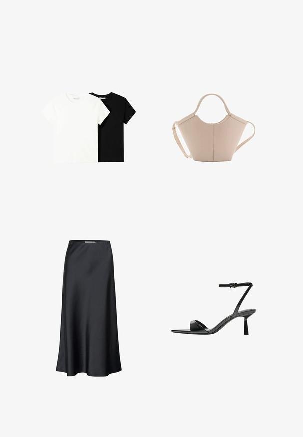 Dvě trička s krátkým rukávem, jedno bílé a jedno černé, vyrobené z bavlny. Obě mají kulatý výstřih a jednoduchý, klasický design.; Černá midi sukně z hladkého materiálu, s plynulou siluetou a jemným leskem. Má jednoduchý, jednobarevný design.; Bershka Sandály na vysokém podpatku - black; Beige kožená kabelka s jedinečným tvarem, vybavená dvěma krátkými uchy a dlouhým nastavitelným popruhem. Hladká textura s minimem kovových doplňků.