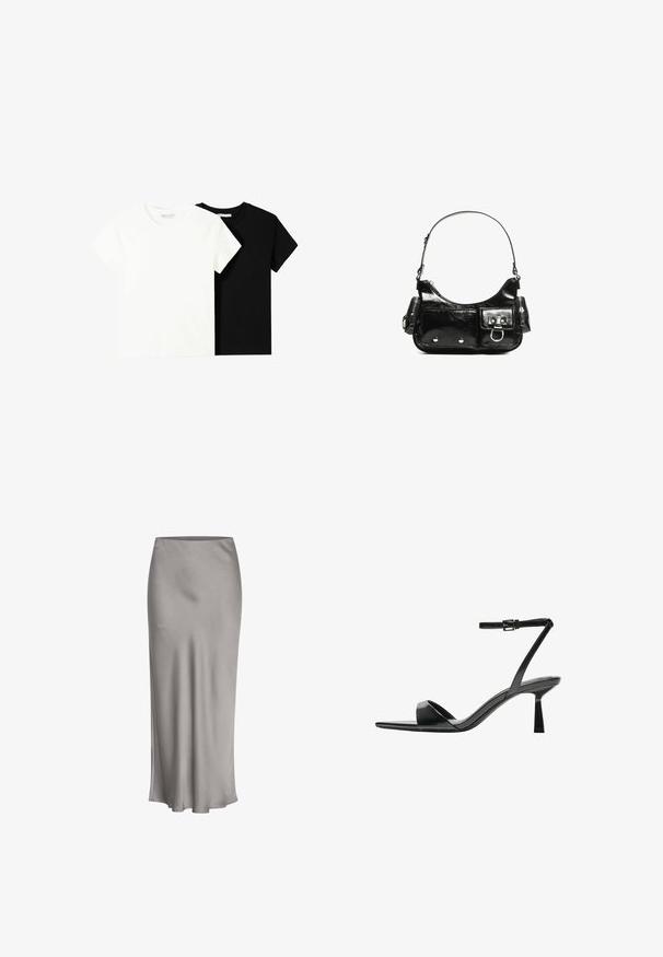 Deux t-shirts à manches courtes, l'un blanc et l'autre noir, en coton. Les deux présentent un col rond et un design simple et classique.; Jupe midi en satin gris avec une texture lisse, un léger éclat et un ourlet évasé, présentant un design simple et épuré.; Bershka Sandales à talons hauts - black; Sac à main en cuir verni noir avec une forme incurvée, une bandoulière, des poches avant et des accents en métal argenté.