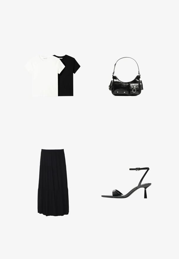 Deux t-shirts à manches courtes, l'un blanc et l'autre noir, en coton. Les deux présentent un col rond et un design simple et classique.; Jupe midi noire à volants avec une taille élastique, fabriquée en tissu doux, présentant une silhouette fluide et une texture lisse.; Bershka Sandales à talons hauts - black; Sac à main en cuir verni noir avec une forme incurvée, une bandoulière, des poches avant et des accents en métal argenté.