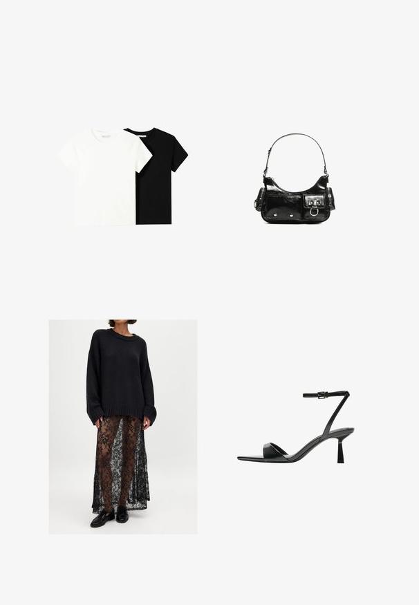 Two short-sleeve t-shirts, one white and one black, made of cotton. Both feature a round neckline and a simple, classic design.; Oversized black knitted sweater with ribbed hem paired with sheer black lace skirt featuring floral pattern. Black shoes complete the look.; Bershka High heeled sandals - black; Black patent leather handbag with a curved shape, one shoulder strap, front pockets, and silver-tone hardware accents.