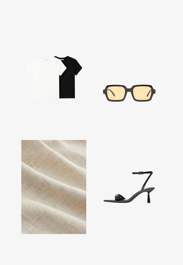 Zwei kurzärmelige T-Shirts, eines weiß und eines schwarz, aus Baumwolle. Beide haben einen runden Halsausschnitt und ein einfaches, klassisches Design.; Helles beige Gewebe mit einer subtilen Textur und schwachen Linien, die ein sanftes, gewebtes Erscheinungsbild erzeugen. Es fällt glatt in sanften Falten.; Bershka High Heel Sandalette - black; Schwarze rechteckige Sonnenbrillen mit gelben Gläsern, leichtem Rahmen und charakteristischen stumpfen Kanten an den Bügeln. Glatte, glänzende Oberfläche.