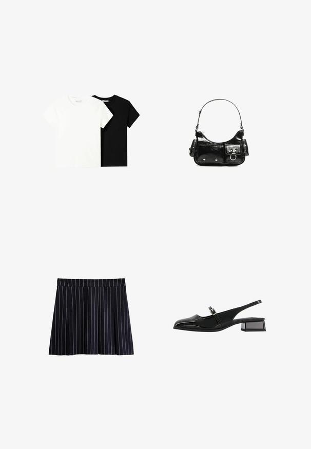 Twee t-shirts met korte mouwen, één wit en één zwart, gemaakt van katoen. Beide hebben een ronde halslijn en een eenvoudig, klassiek ontwerp.; Marineblauwe geplooide rok met verticale witte strepen, een platte tailleband en een zachte textuur. De zoom eindigt op een lengte tot halverwege de bovenbenen. Geen zakken of zichtbare sluitingen.; Bershka BLOCK BUCKLED - MARY JANES 11626560 - Klassieke pumps - black; Zwarte laarzen in lakleer met een gebogen vorm, één schouderband, voorvakken en accenten in zilverkleurig metaal.