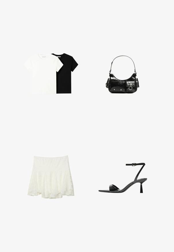 Dve tričko s krátkym rukávom, jedno biele a jedno čierne, vyrobené z bavlny. Obe majú okrúhly výstrih a jednoduchý, klasický dizajn.; Stradivarius FITTING - sukňa v tvare A - white; Bershka Sandále na vysokom opätku - black; Čierna laková kožená kabelka s ohnutým tvarom, jedným ramenným popruhom, prednými vreckami a striebornými kovovými doplnkami.