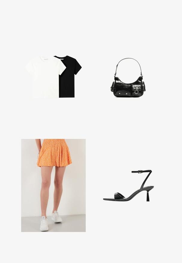 Két rövid ujjú póló, az egyik fehér, a másik fekete, pamutból készült. Mindkettő kerek nyakkivágással és egyszerű, klasszikus dizájnnal rendelkezik.; Narancssárga virágmintás szoknya, smockolt derékkal, pliszírozott kialakítással, térdhosszan, fehér tornacipővel párosítva. Elegáns textúrált anyag és játékos minta.; Bershka Magas sarkú szandálok - black; Fekete lakkbőr kézitáska ívelt formával, egy vállpánttal, elülső zsebekkel és ezüstszínű fémrészletekkel.
