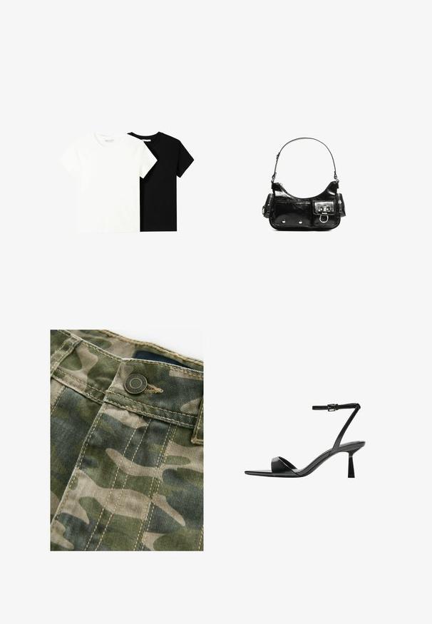 Zwei kurzärmelige T-Shirts, eines weiß und eines schwarz, aus Baumwolle. Beide haben einen runden Halsausschnitt und ein einfaches, klassisches Design.; Tarnmusterstoff in Grüntönen und Beige mit sichtbaren Nähten. Verfügt über einen Metallknopf in der Taille, Denim-Struktur.; Bershka High Heel Sandalette - black; Schwarze Lackleder-Handtasche mit geschwungenem Design, einem Schulterriemen, Vordertaschen und silberfarbenen Hardware-Akzenten.