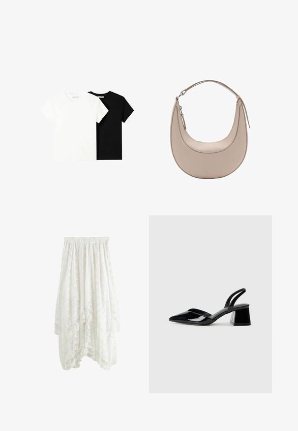 Dve tričko s krátkym rukávom, jedno biele a jedno čierne, vyrobené z bavlny. Obe majú okrúhly výstrih a jednoduchý, klasický dizajn.; Biele čipkované sukne s vrstveným dizajnom, elastickým pásom, kvetinovými vzormi a vlnitým lemom. Ľahký, polopriesvitný materiál.; Čierne lakované kožené sandálové podpätky s špicatou špičkou a geometrickým blokovým podpätkom. Disponujú elegantným, minimalistickým dizajnom a hladkým povrchom.; Béžová kožená taška cez rameno s polkruhovým tvarom, hladkou textúrou a jedným zakriveným uchom. Obsahuje zipsové uzatváranie a úhľadné švy.