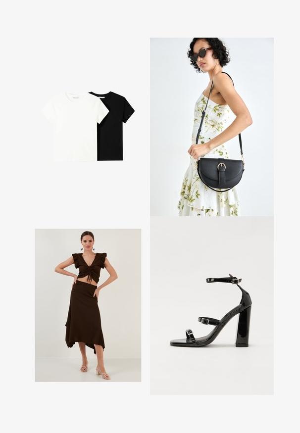 To korte ærmel t-shirts, en hvid og en sort, lavet af bomuld. Begge har en rund halsudskæring og et enkelt, klassisk design.; Brun ribbet sæt bestående af en cropped top med flæseærmer og en højtaljet asymmetrisk nederdel. Glat tekstur, tætsiddende design.; Sorte patenterede hælsandaler med firkantet tå, ankelremme og sølvspænder. Har en chunky blokHæl for stabilitet.; Sort læderhåndtaske med en buet form, aftagelig rem og guldfinish. Tasken har en klap med en spænde detalje.