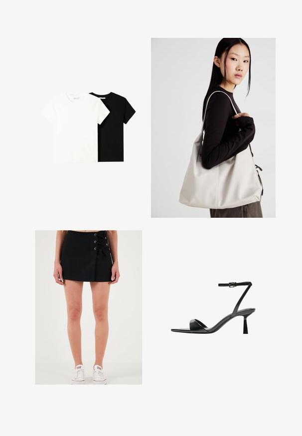 Két rövid ujjú póló, az egyik fehér, a másik fekete, pamutból készült. Mindkettő kerek nyakkivágással és egyszerű, klasszikus dizájnnal rendelkezik.; LELA Rövidnadrágok - black; Bershka Magas sarkú szandálok - black; Puha anyagból készült bézs kézitáska, laza dizájnnal, varrott részletekkel és két vállpánttal. Mindennapi használatra alkalmas.