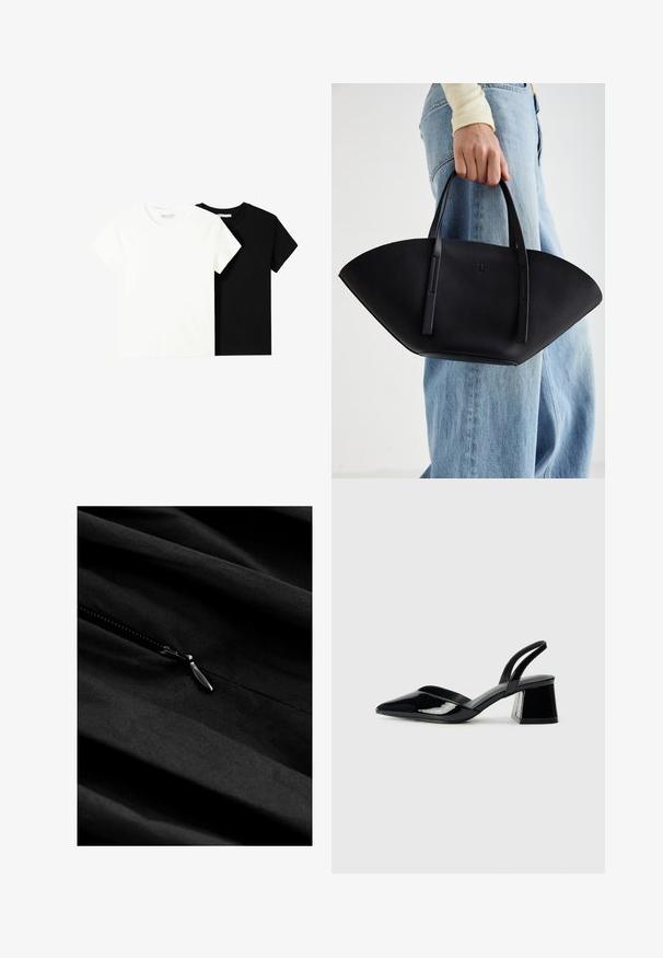 Twee t-shirts met korte mouwen, één wit en één zwart, gemaakt van katoen. Beide hebben een ronde halslijn en een eenvoudig, klassiek ontwerp.; Zwarte stof met subtiele textuur, voorzien van een ritssluiting. De rits heeft een metalen trekker, geplaatst tegen een gladde, hangende stof.; Zwarte gepatineerde leren slingback hakken met een spitse neus en een geometrische blokhak. Kenmerkt zich door een slank, minimalistisch ontwerp en een gladde textuur.; Zwarte leren handtas met een unieke waaier vorm, voorzien van platte handvatten. Het oppervlak heeft een gewelfde textuur en een minimalistisch ontwerp.