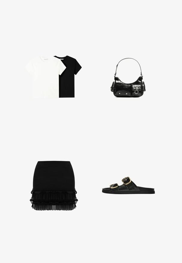 Kaksi lyhythihaista t-paitaa, yksi valkoinen ja yksi musta, valmistettu puuvillasta. Molemmissa on pyöreä kaula-aukko ja yksinkertainen, klassinen muotoilu.; Musta hame, jossa on muotoiltu yläosa, kerrokselliset röyhelöt helmassa ja pehmeä, hieman läpikuultava rakenne. Ei lisäkoristeita.; Musta liukusandaali, jossa on kaksi kultaisesta solkesta tehtyä korostusta, sileäpintainen materiaali, litteä pohja ja minimalistinen muotoilu.; Mustekko mustasta kiiltonahasta valmistettu käsilaukku, jossa on kaareva muoto, yksi olkahihna, etutaskut ja hopeanväriset yksityiskohdat.