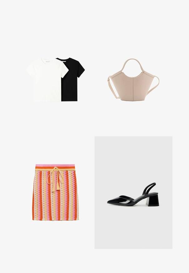 Dvě trička s krátkým rukávem, jedno bílé a jedno černé, vyrobené z bavlny. Obě mají kulatý výstřih a jednoduchý, klasický design.; Pletená sukně se pruhovaným vzorem v oranžové, růžové, krémové a žluté barvě, s šňůrkovým pasem a dekoračními třásněmi.; Černé lakované kožené lodičky na pásku s špičatou špičkou a geometrickým blokovým podpatkem. Vyznačují se elegantním, minimalistickým designem a hladkým povrchem.; Beige kožená kabelka s jedinečným tvarem, vybavená dvěma krátkými uchy a dlouhým nastavitelným popruhem. Hladká textura s minimem kovových doplňků.