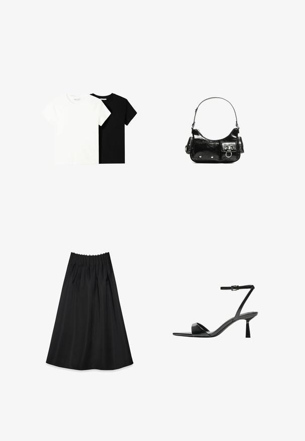 Kaksi lyhythihaista t-paitaa, yksi valkoinen ja yksi musta, valmistettu puuvillasta. Molemmissa on pyöreä kaula-aukko ja yksinkertainen, klassinen muotoilu.; Mustassa hameessa on sileä kangas, joustava vyötärö ja poimutukset, ja se ulottuu nilkkojen kohdalle virtaavassa mitassa.; Bershka Korolliset sandaalit - black; Mustekko mustasta kiiltonahasta valmistettu käsilaukku, jossa on kaareva muoto, yksi olkahihna, etutaskut ja hopeanväriset yksityiskohdat.