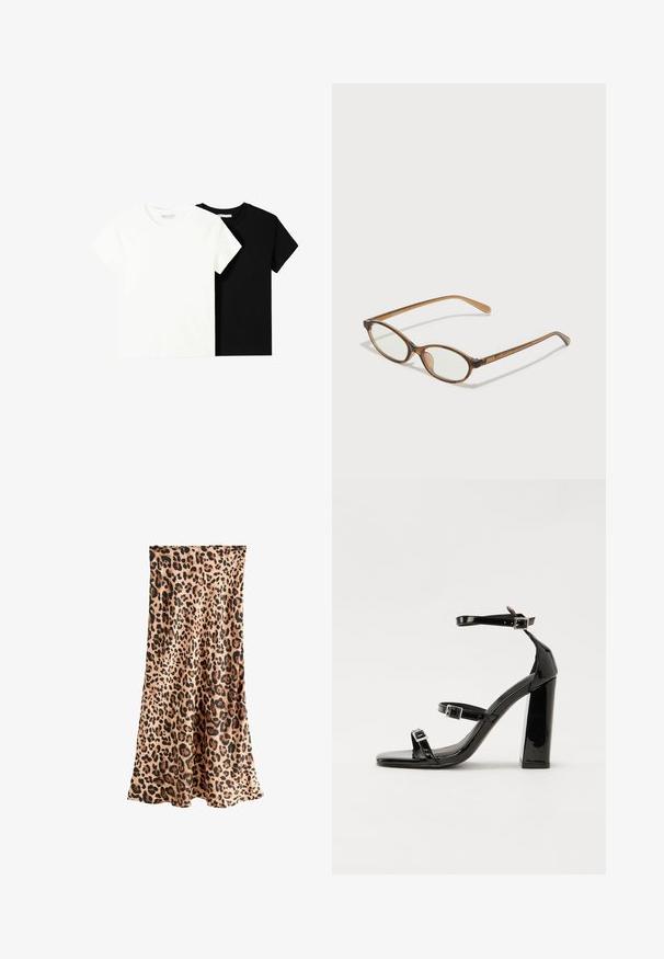 Deux t-shirts à manches courtes, l'un blanc et l'autre noir, en coton. Les deux présentent un col rond et un design simple et classique.; Next PETITE FIT   - Jupe longue - leopard; Sandales à talons vernies noires avec un bout carré, des sangles autour de la cheville et des boucles en argent. Dotées d'un talon bloc épais pour plus de stabilité.; Lunettes en écaille de tortue marron avec des verres ovales, des branches fines et des accents transparents. Présente un logo subtil sur la branche. Design élégant et léger.