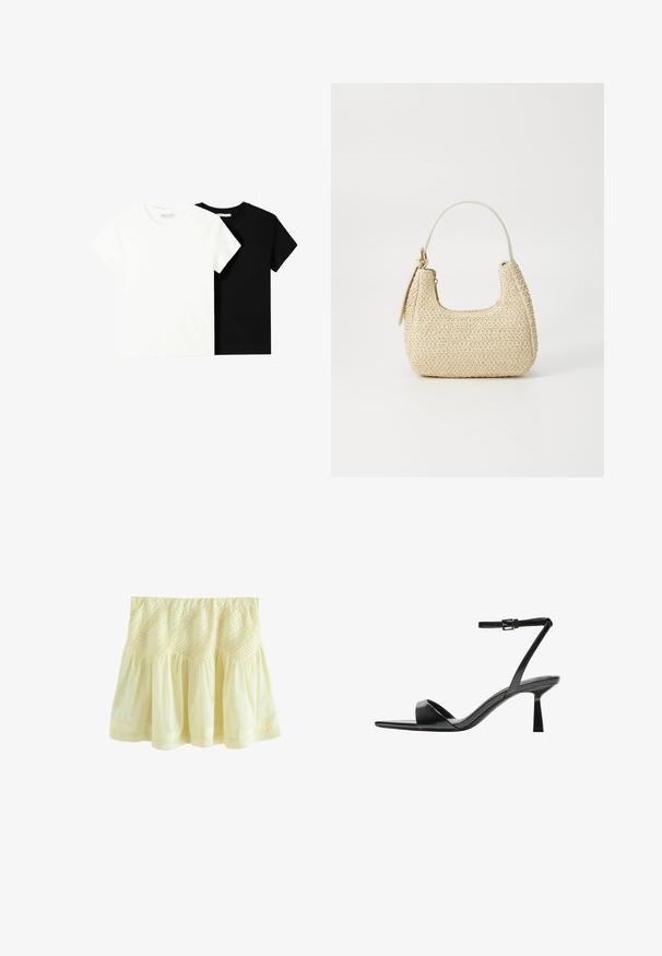 Deux t-shirts à manches courtes, l'un blanc et l'autre noir, en coton. Les deux présentent un col rond et un design simple et classique.; Jupe jaune à étages en tissu léger. Elle présente une texture froncée et une couture décorative le long de la taille et de l'ourlet.; Bershka Sandales à talons hauts - black; Sac en paille tressée beige avec une forme courbée, une courte poignée et une fermeture éclair sur le côté. Présente une surface texturée et un design minimaliste.