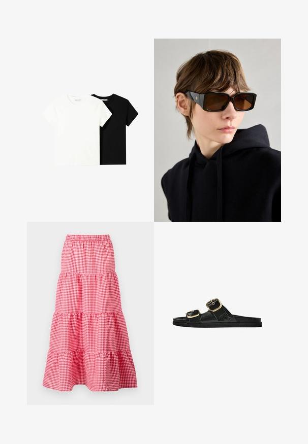 Due magliette a maniche corte, una bianca e una nera, realizzate in cotone. Entrambe presentano un colletto rotondo e un design semplice e classico.; Gonna a balze a righe rosse e bianche con vita elasticizzata e orlo arricciato, composta da tre strati arricciati. Materiale in cotone.; Infradito neri con due accenti di fibbia dorata, materiale dalla texture liscia, suola piatta e design minimalista.; Occhiali da sole neri oversize con finitura lucida, forma rettangolare, lenti marroni e dettagli del logo dorato sulle astine.; Borsa nera con forma strutturata, texture liscia e una chiusura metallica. Abbinata a pantaloni neri larghi e sandali open-toe su un pavimento in legno.