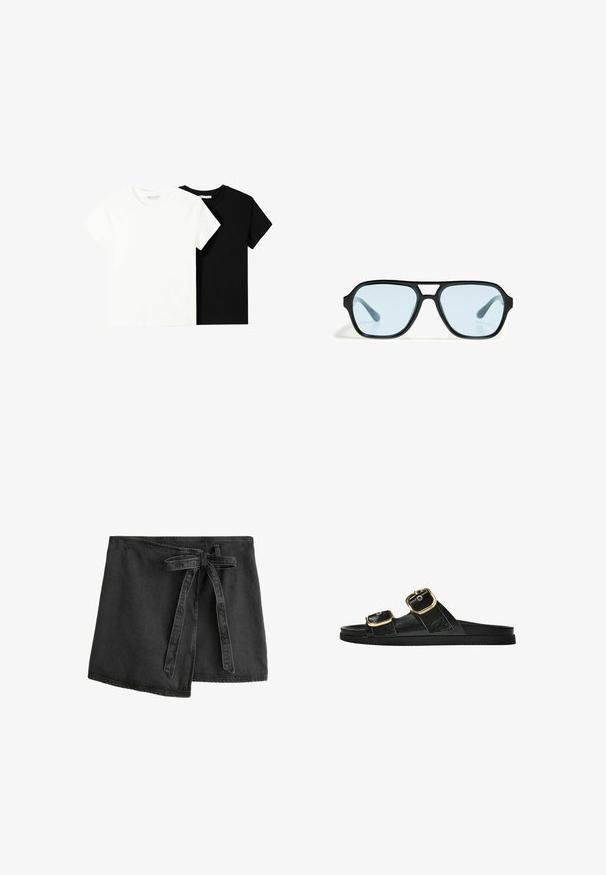 Dve majice s kratkimi rokavi, ena bela in ena črna, izdelani iz bombaža. Obe imata okrogel izrez in preprost, klasičen dizajn.; Črna denim obleka z vezalko, asimetričnim robom in gladko teksturo. Ima šive po robovih.; Črne drsne sandale z dvema zlatima zaponkama, gladkega materiala, ravnim podplatom in minimalističnim dizajnom.; Črne sončna očala s pravokotnimi okvirji, modro obarvanimi lečami in značilno zasnovo mostička. Eleganten zaključek, diskretna tekstura.; Črna lakasta usnjena torbica s ukrivljeno obliko, enim ramenskim trakom, sprednjimi žepi in srebrnimi kovinskimi dodatki.