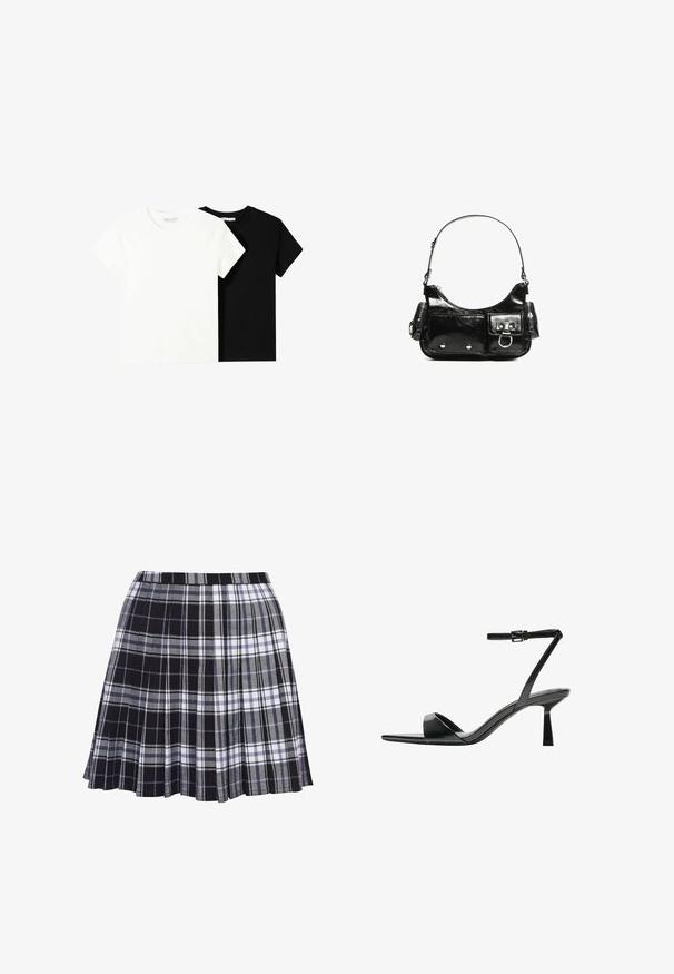 Two short-sleeve t-shirts, one white and one black, made of cotton. Both feature a round neckline and a simple, classic design.; Black and gray plaid pleated skirt with a waistband, fabric texture is smooth, featuring horizontal and vertical lines in varying widths.; Bershka High heeled sandals - black; Black patent leather handbag with a curved shape, one shoulder strap, front pockets, and silver-tone hardware accents.