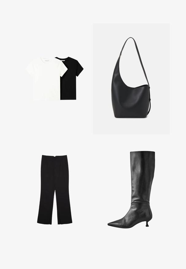 Zwei kurzärmelige T-Shirts, eines weiß und eines schwarz, aus Baumwolle. Beide haben einen runden Halsausschnitt und ein einfaches, klassisches Design.; Schwarze Hose mit geradem Schnitt, ausgestattet mit Fronttaschen und Seitenschlitzen am Saum. Hergestellt aus weichem, glattem Stoff. Geeignet für verschiedene Anlässe.; Schwarze Lederstiefel bis zum Knie mit spitzer Zehe und kleinem Blockabsatz, die eine glatte Textur und eine elegante Silhouette aufweisen.; Schwarze Leder-Hobo-Tasche mit einer glatten Textur, geschwungener Form und einem einzelnen verstellbaren Tragegurt; verfügt über eine weite Öffnung am oberen Ende.